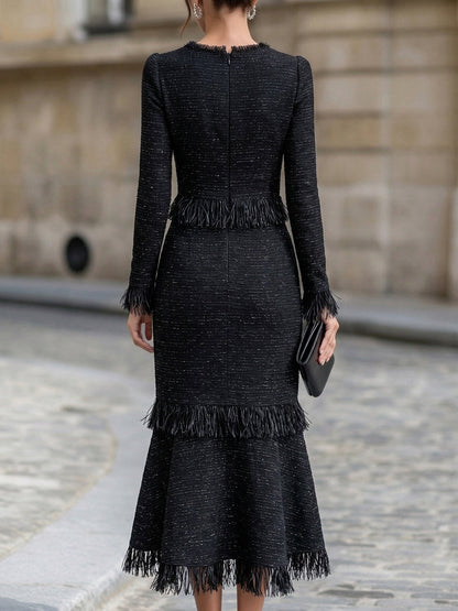 Zafren Schwarzes Tweed-Midi-Kleid mit Fransen