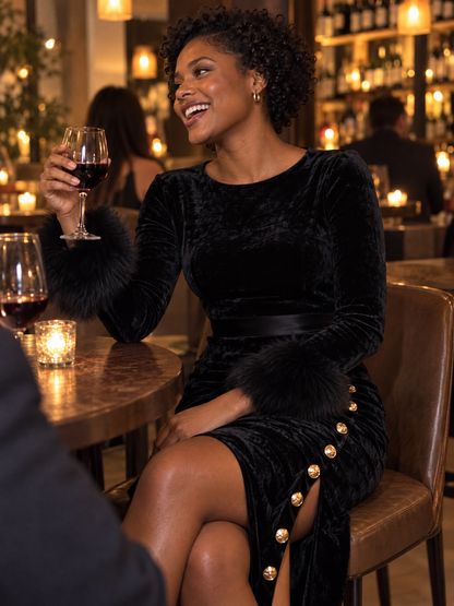 Zafren Black Velvet Fur Cuff Dress