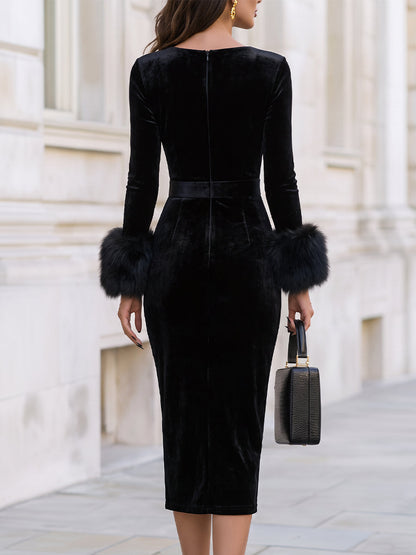 Zafren Black Velvet Fur Cuff Dress