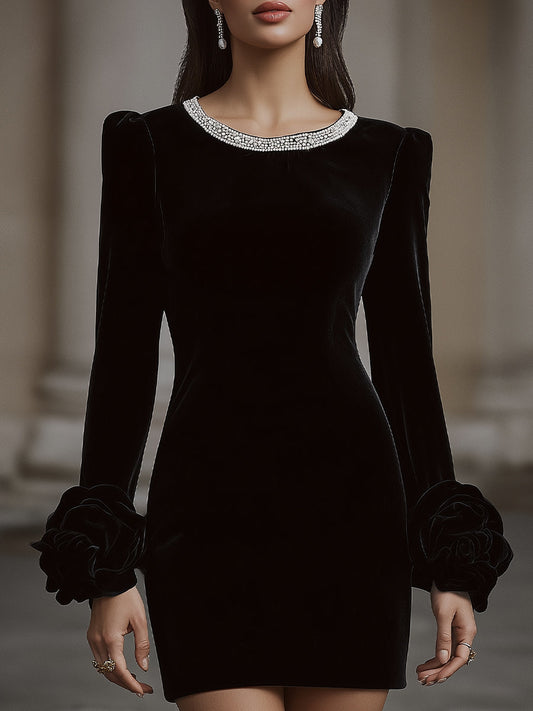 Zafren Black Velvet Rose Cuff Dress