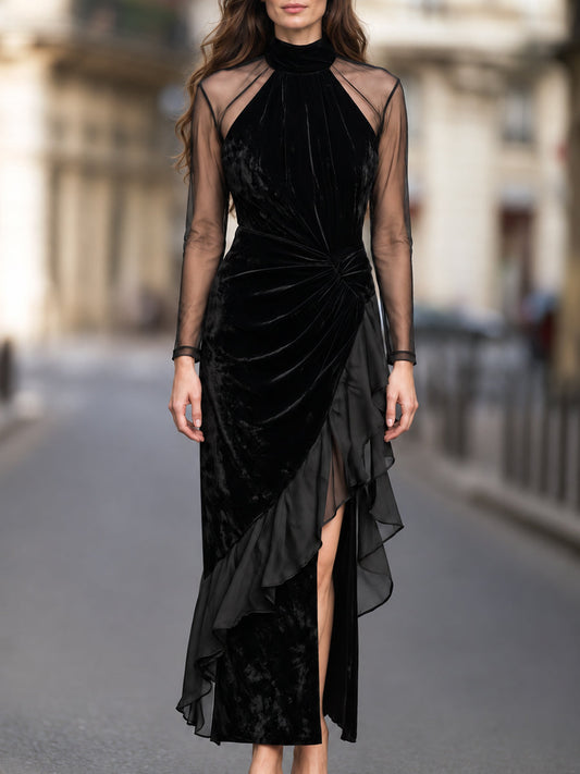 Rochie neagră din catifea, cu mâneci transparente Zafren