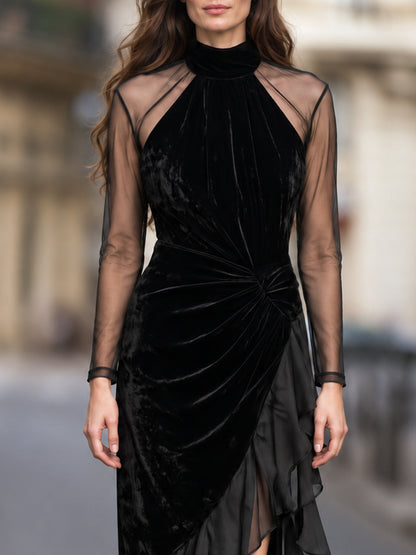 Vestido negro de terciopelo con mangas transparentes Zafren