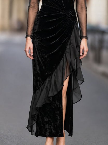 Vestido negro de terciopelo con mangas transparentes Zafren