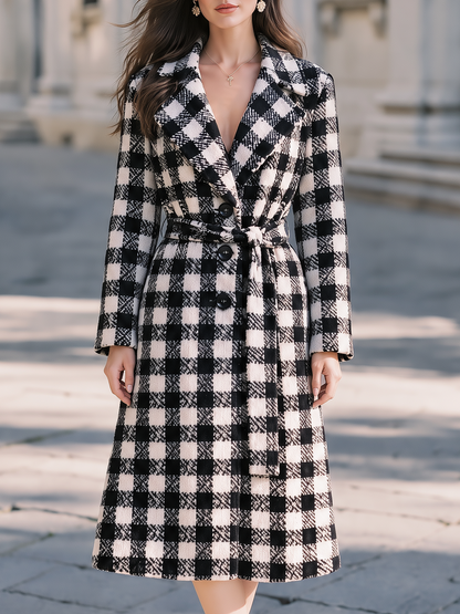 Palton Zafren alb-negru cu model gingham și cordon