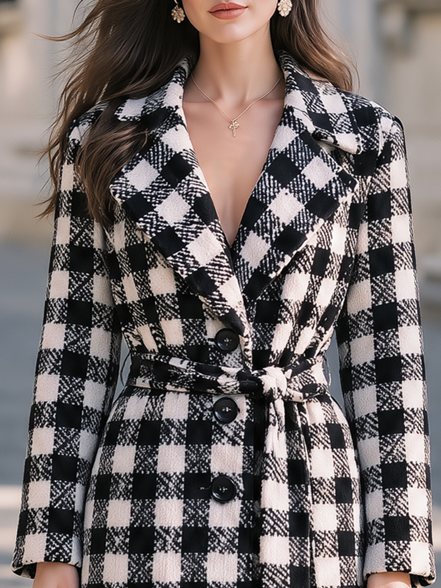 Palton Zafren alb-negru cu model gingham și cordon