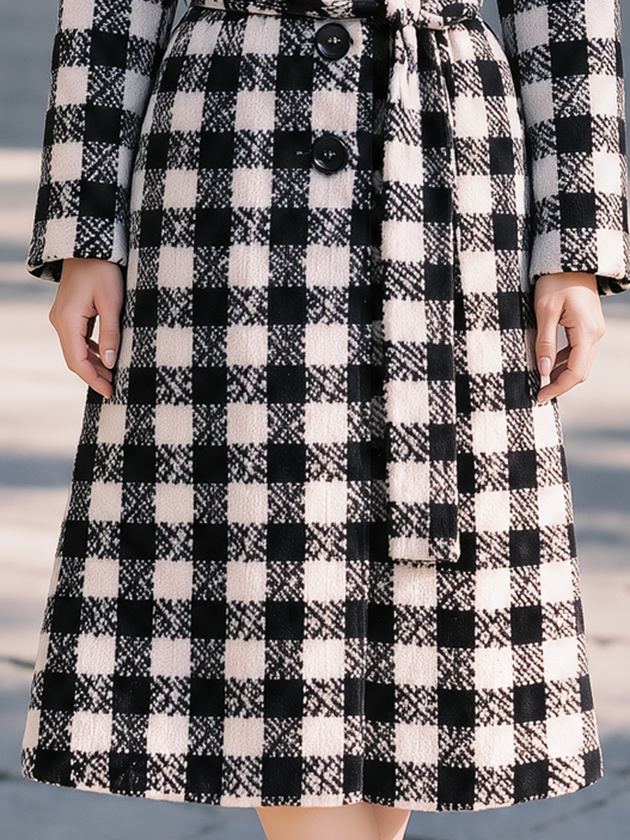 Palton Zafren alb-negru cu model gingham și cordon