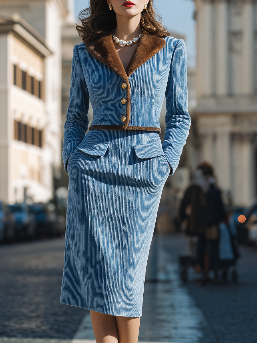 Tailleur con gonna Zafren blu in velluto a coste e revers di pelliccia