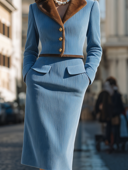 Tailleur con gonna Zafren blu in velluto a coste e revers di pelliccia