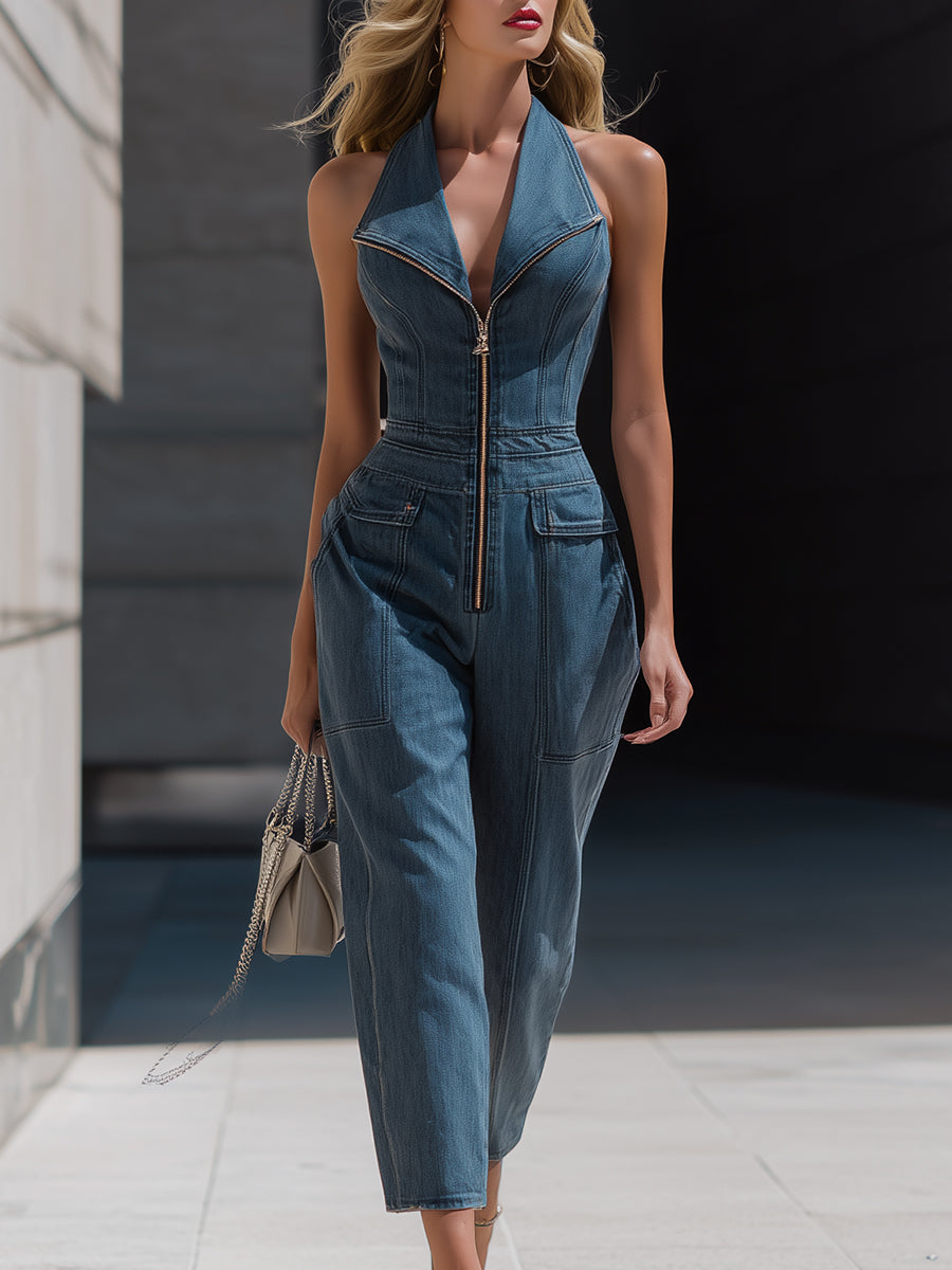 Zafren blauwe denim halterjumpsuit met ritssluiting aan de voorkant