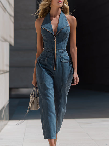 Zafren blauwe denim halterjumpsuit met ritssluiting aan de voorkant