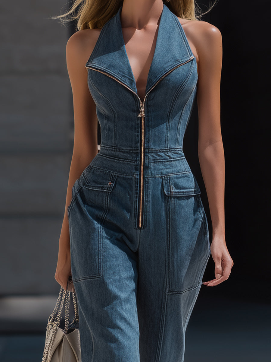Zafren blauwe denim halterjumpsuit met ritssluiting aan de voorkant