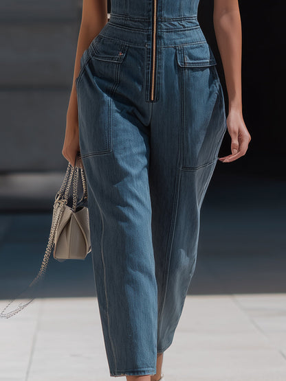 Zafren blauwe denim halterjumpsuit met ritssluiting aan de voorkant