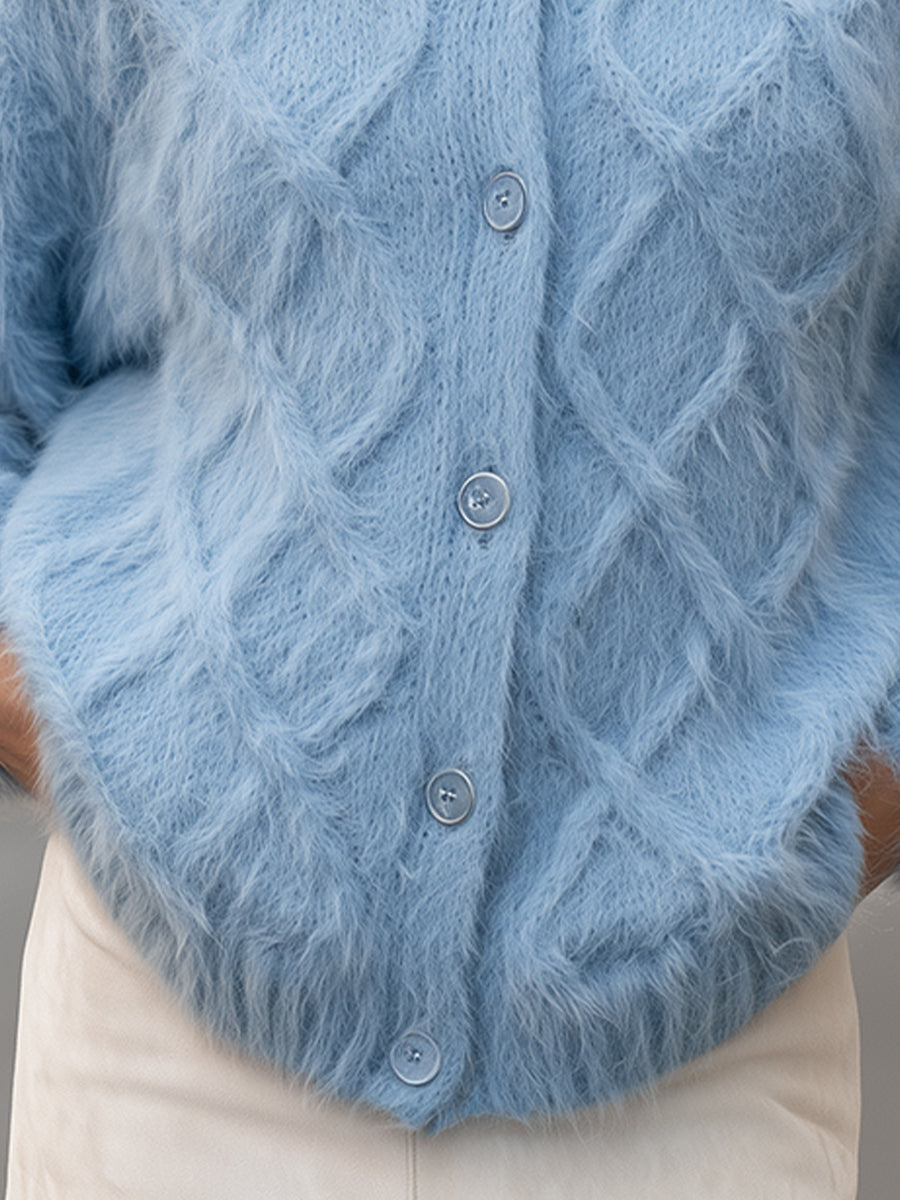 Cardigan Zafren bleu en maille torsadée duveteuse à motif losanges
