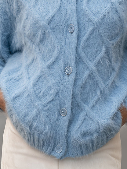 Cardigan Zafren bleu en maille torsadée duveteuse à motif losanges