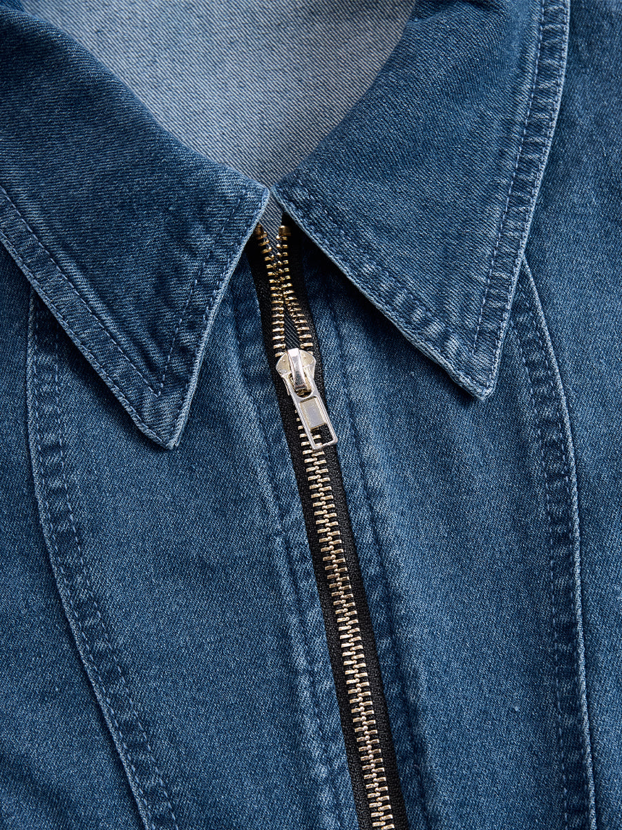 Zafren blå denim-midikjole med lynlås foran