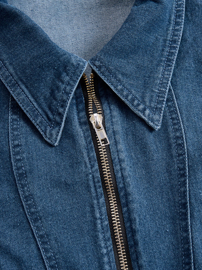 Zafren blå denim-midikjole med lynlås foran