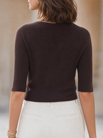 Zafren Brown Asymmetric Button Ribbed Sweater