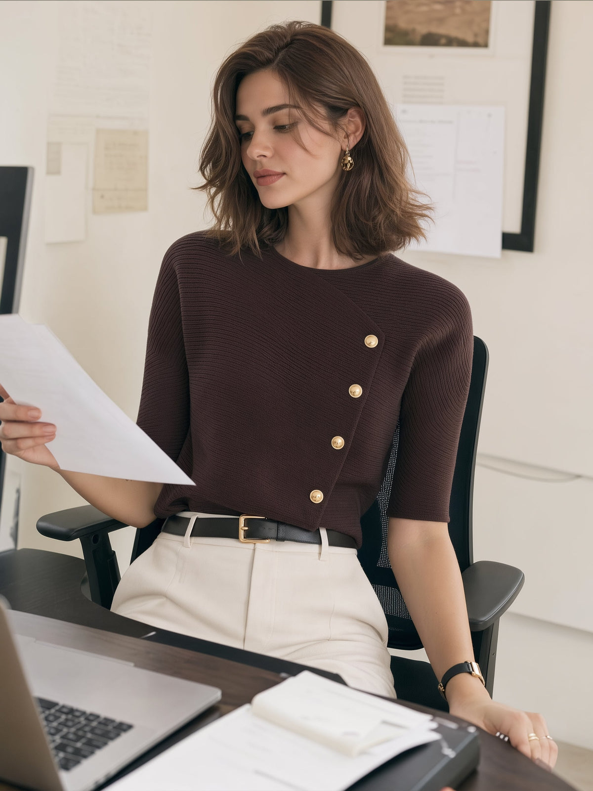 Zafren Brown Asymmetric Button Ribbed Sweater