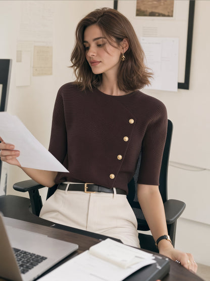 Zafren Brown Asymmetric Button Ribbed Sweater