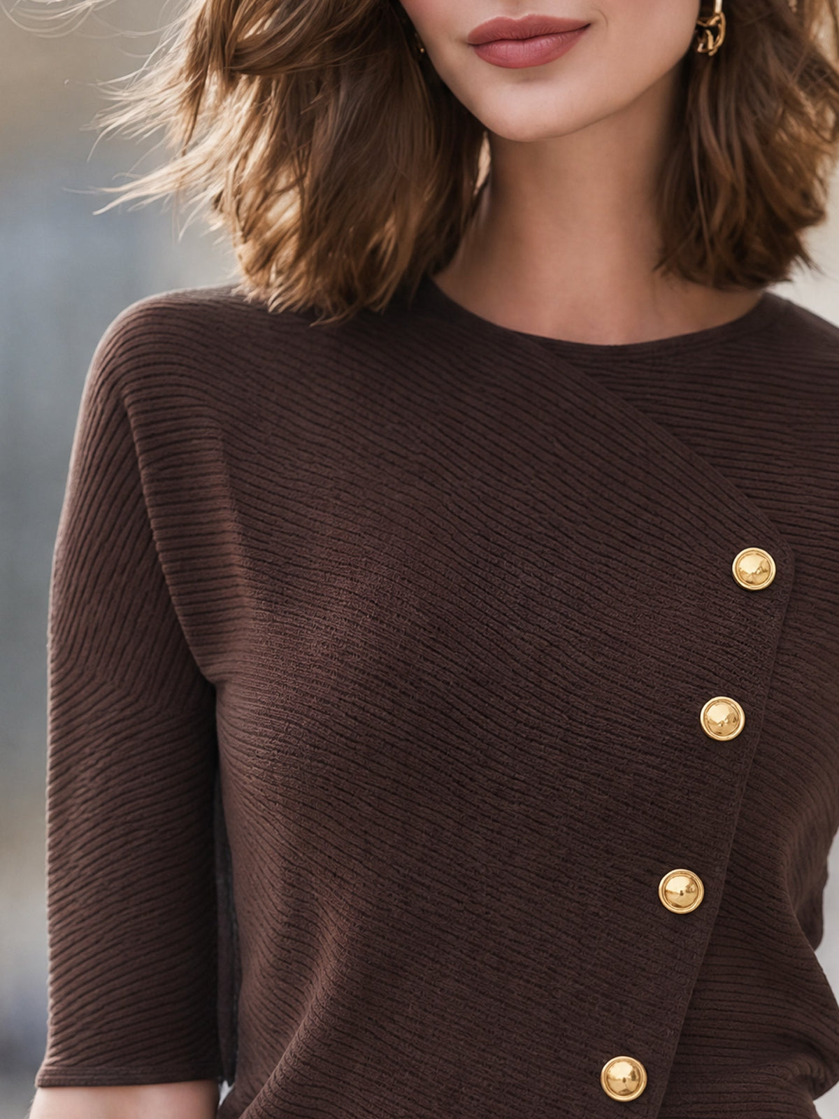 Zafren Brown Asymmetric Button Ribbed Sweater