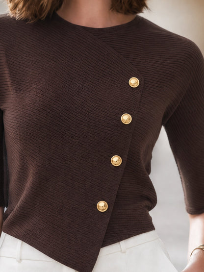 Zafren Brown Asymmetric Button Ribbed Sweater