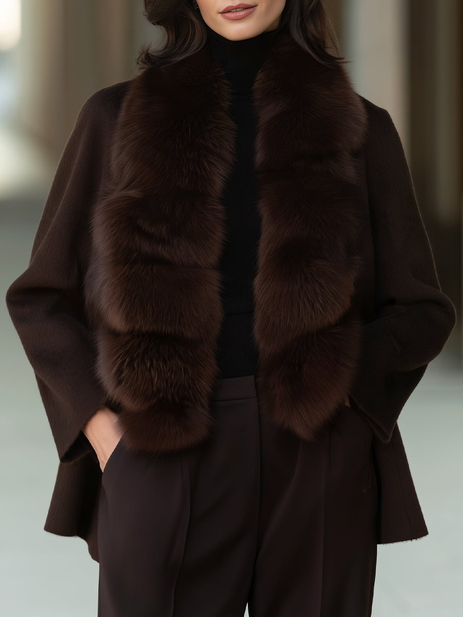 Manteau en laine marron Zafren avec col en fourrure