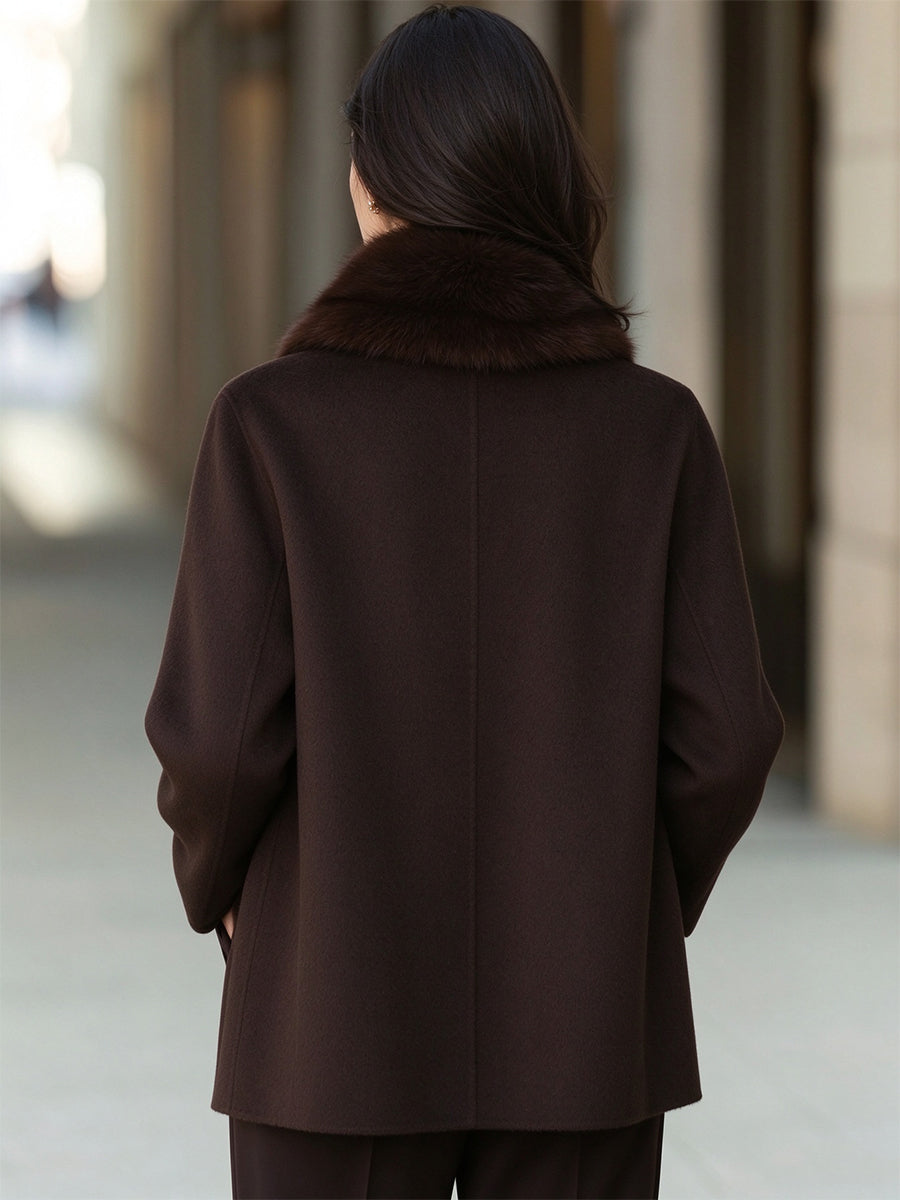 Manteau en laine marron Zafren avec col en fourrure