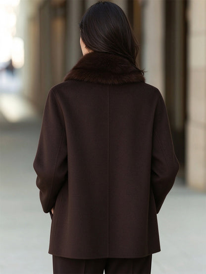 Manteau en laine marron Zafren avec col en fourrure