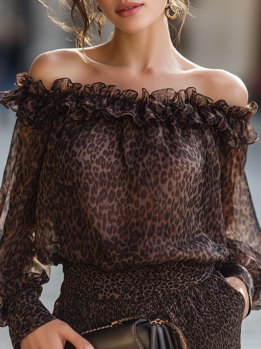 Zafren bruine offshoulderblouse met luipaardprint