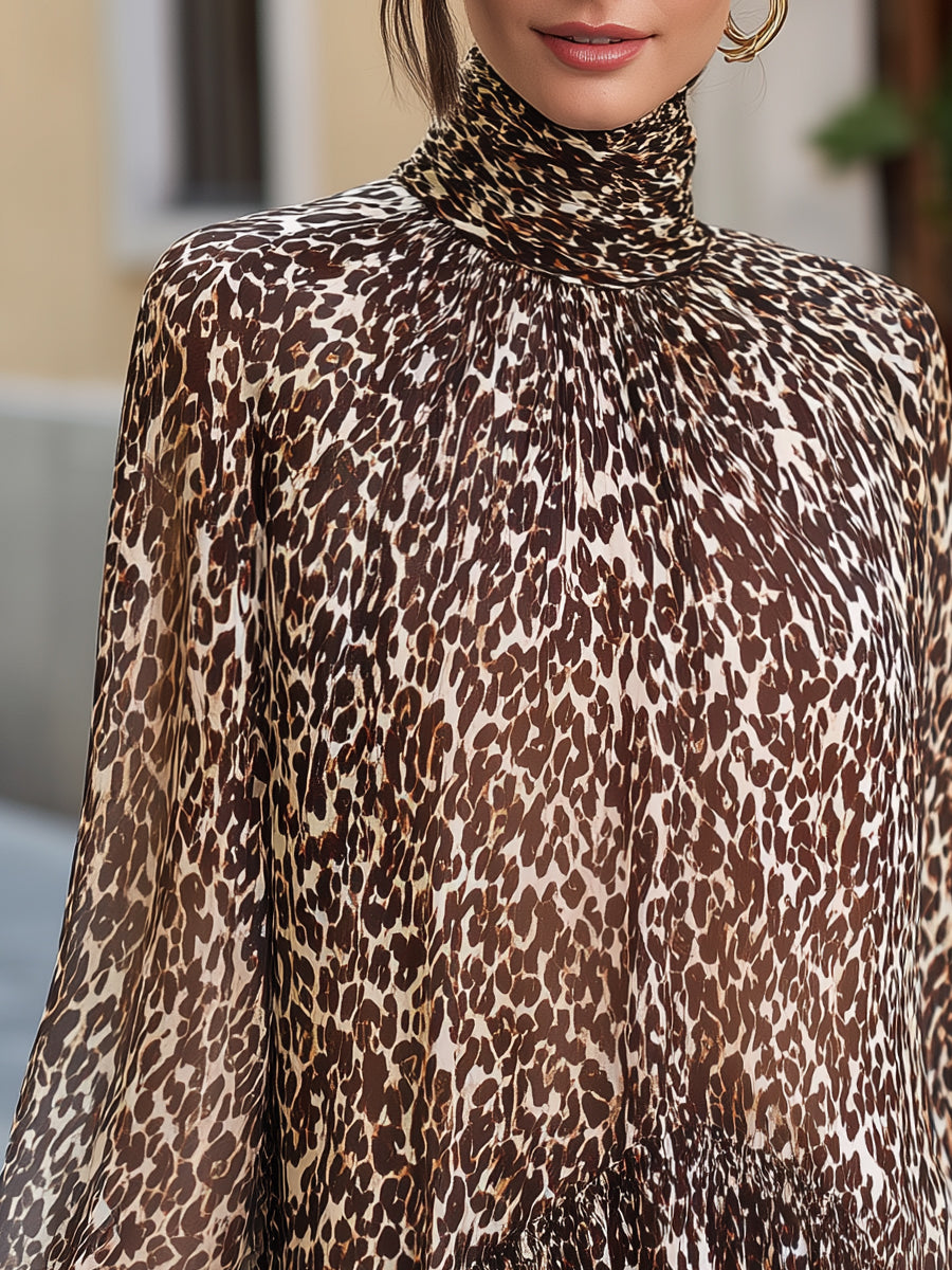 Zafren braune Bluse mit Leopardenmuster und Rüschen