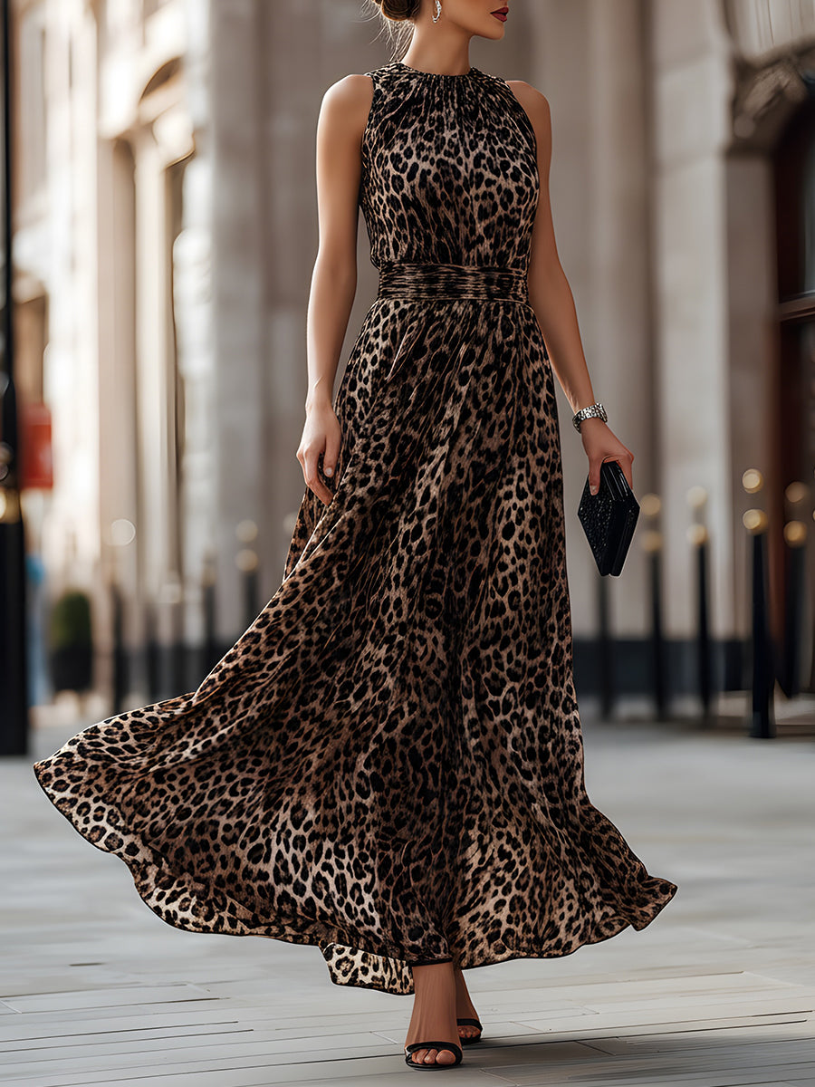 Zafren bruine mouwloze maxi-jurk met luipaardprint