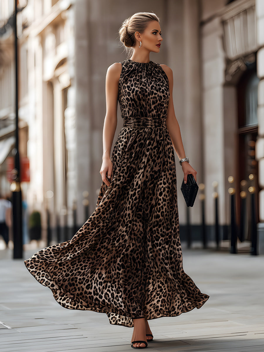 Zafren bruine mouwloze maxi-jurk met luipaardprint