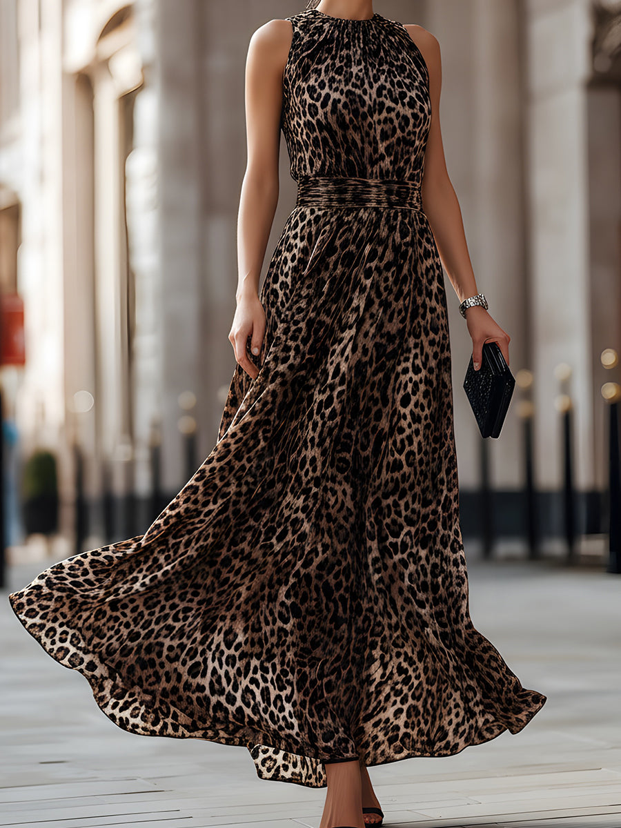 Zafren bruine mouwloze maxi-jurk met luipaardprint