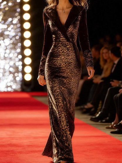Zafren Brown Leopard Velvet Lapel Gown