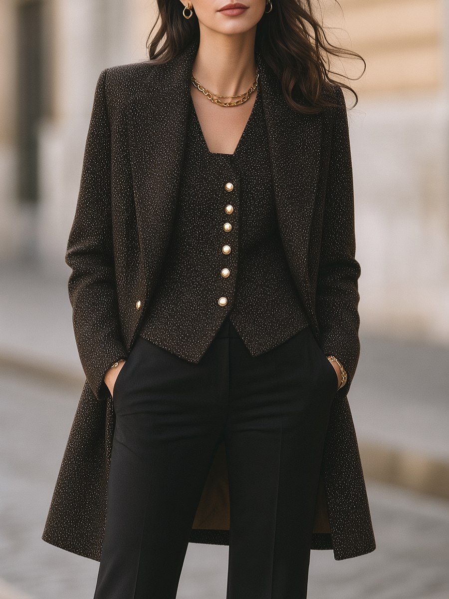Conjunto Zafren de abrigo de tweed marrón y chaleco
