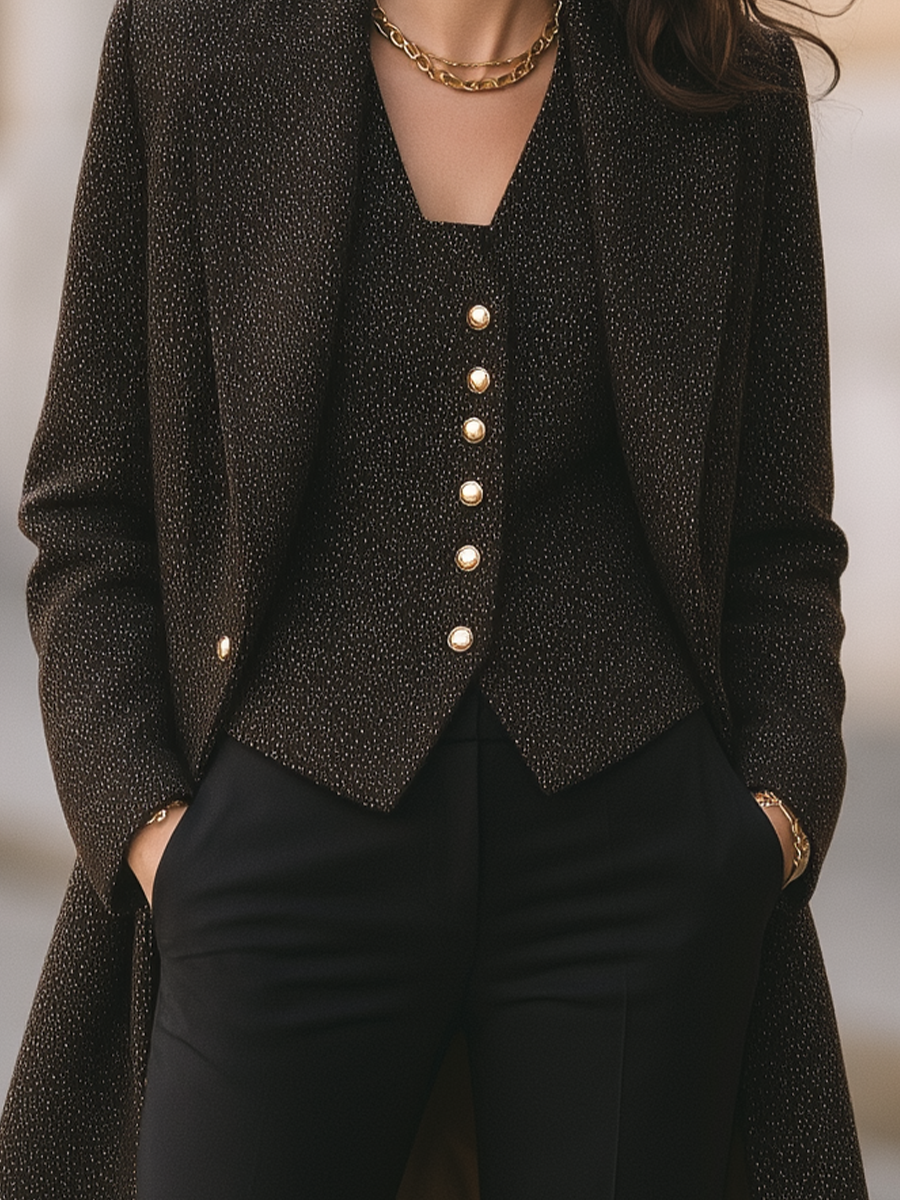 Conjunto Zafren de abrigo de tweed marrón y chaleco