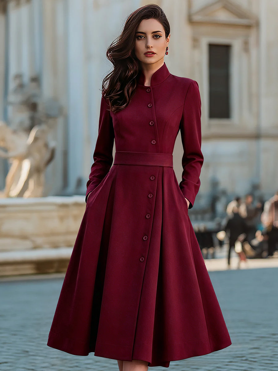Zafren Burgundy Band Collar Belted Dress