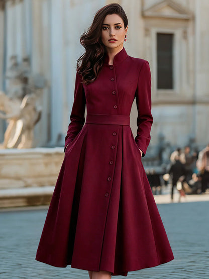 Zafren Burgundy Band Collar Belted Dress