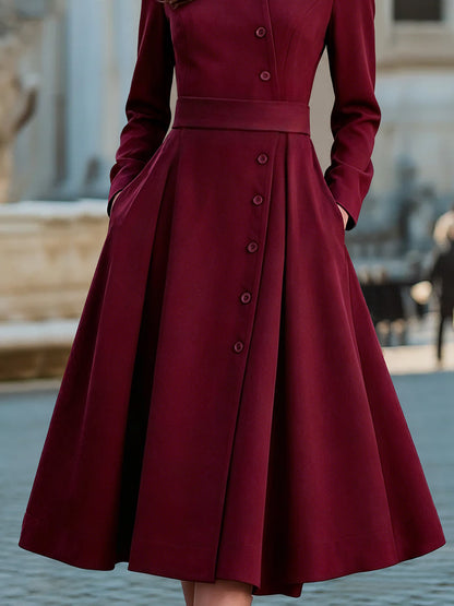 Zafren Burgundy Band Collar Belted Dress
