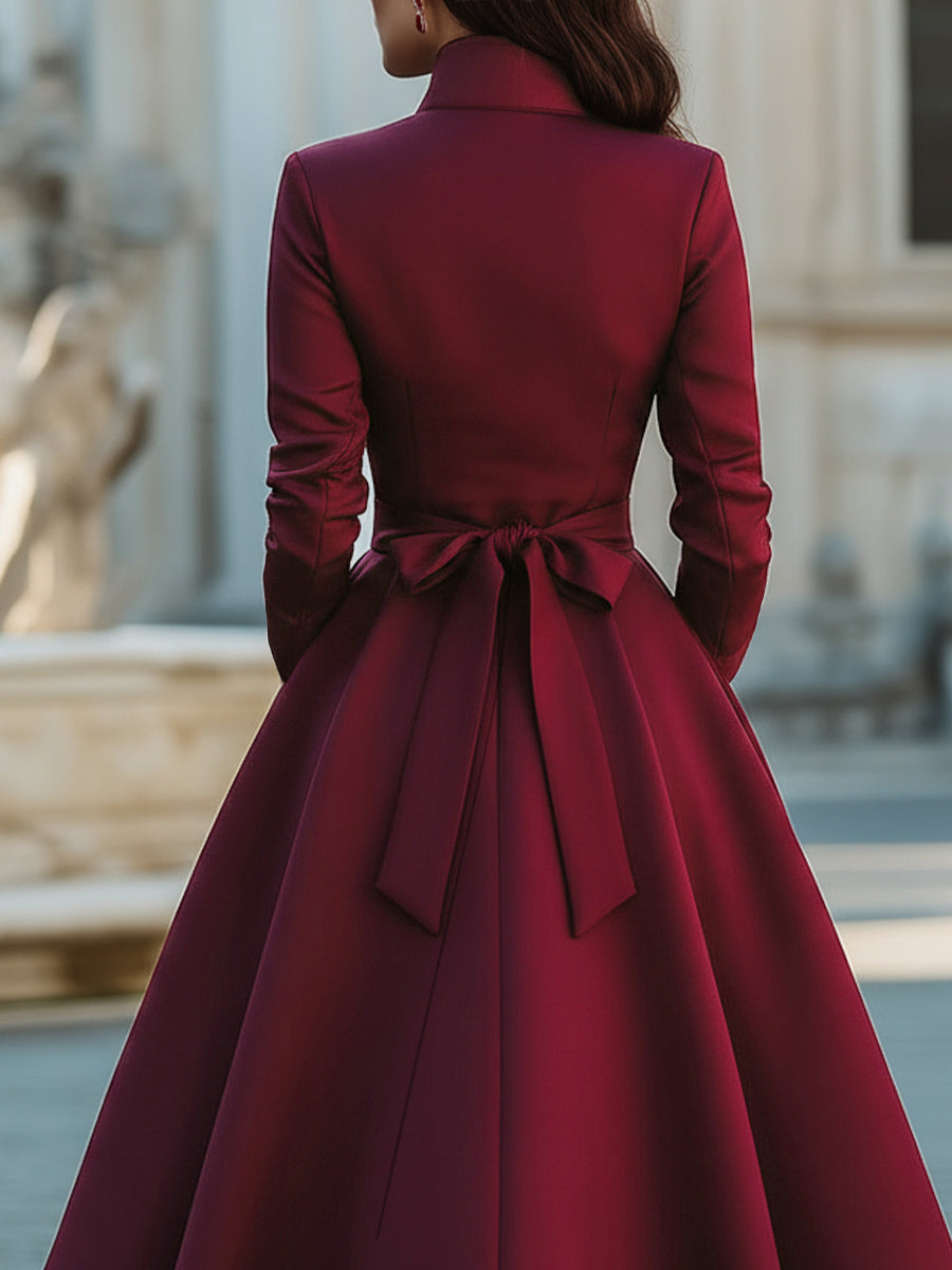 Zafren Burgundy Band Collar Belted Dress