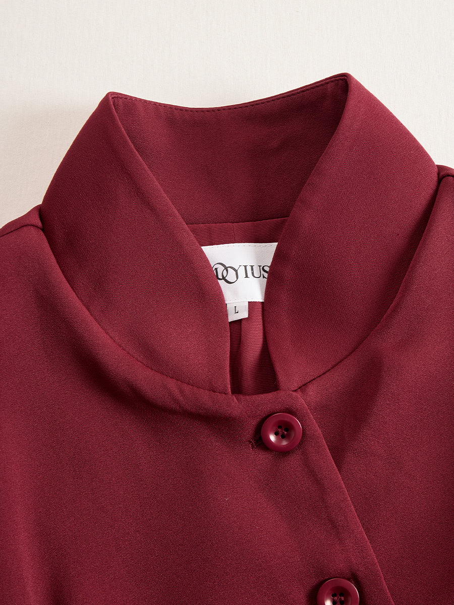 Zafren Burgundy Band Collar Belted Dress