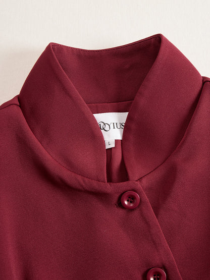 Zafren Burgundy Band Collar Belted Dress