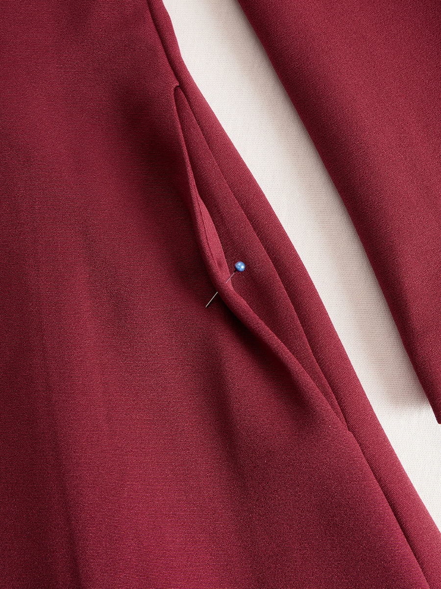 Zafren Burgundy Band Collar Belted Dress