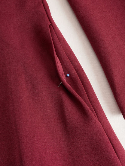 Zafren Burgundy Band Collar Belted Dress