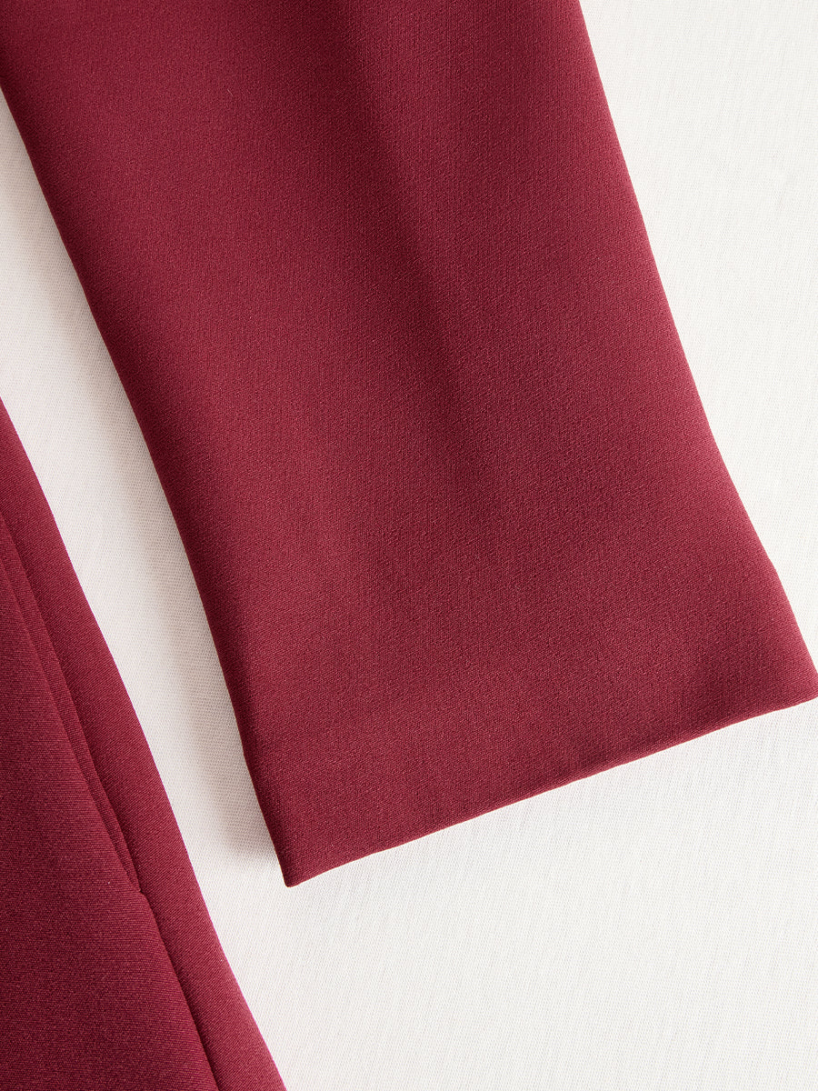 Zafren Burgundy Band Collar Belted Dress