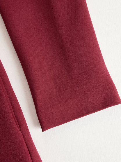 Zafren Burgundy Band Collar Belted Dress