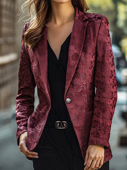 Zafren bordeauxrød blazer i blomstret jacquard