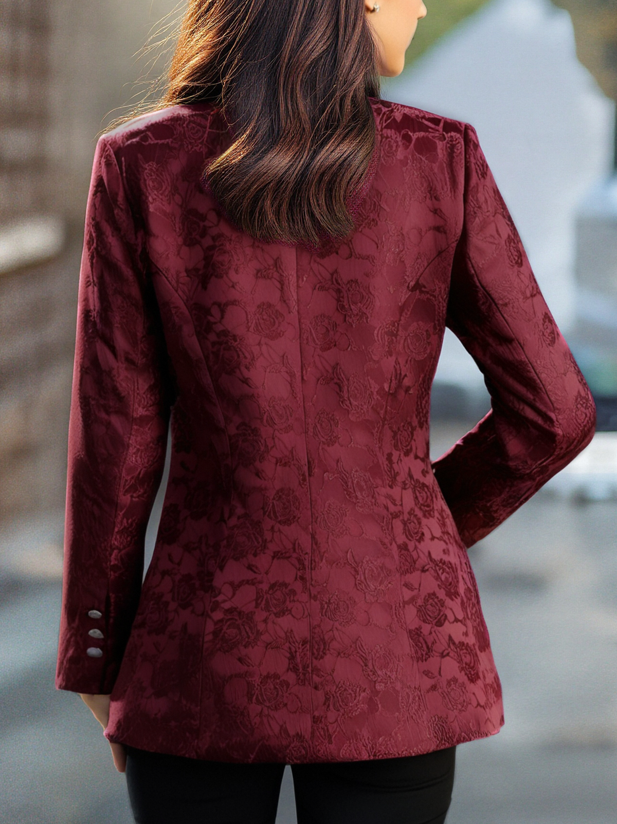 Zafren bordeauxrød blazer i blomstret jacquard
