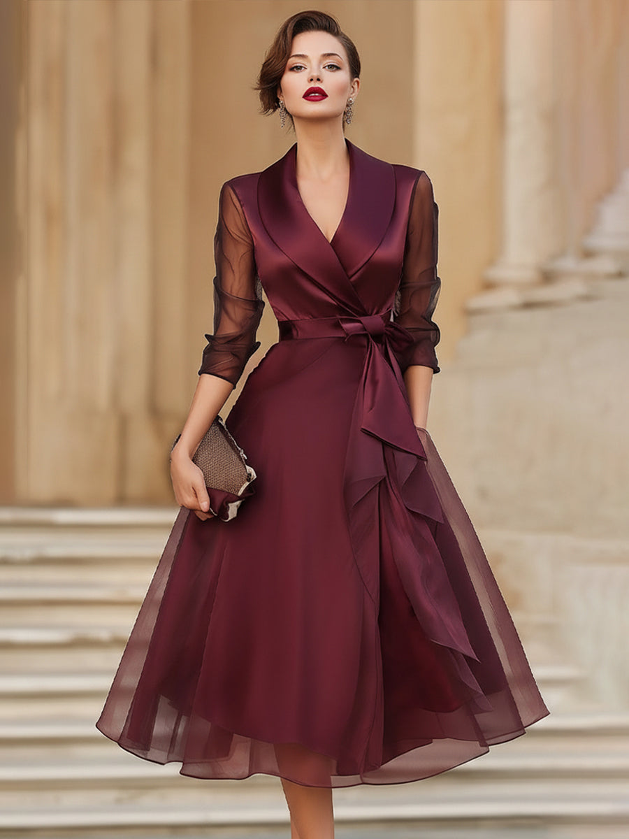 Abito a portafoglio Zafren color bordeaux con maniche trasparenti