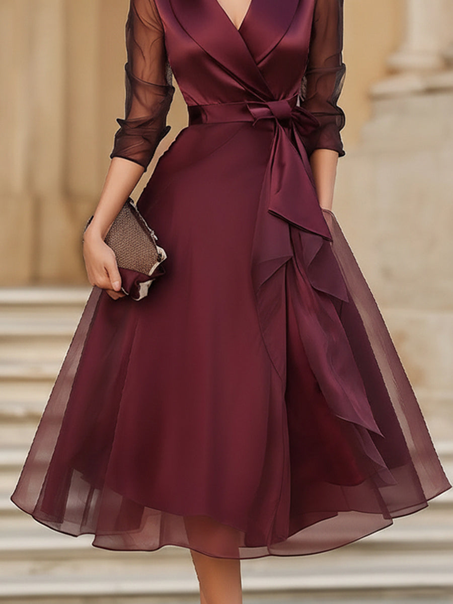 Abito a portafoglio Zafren color bordeaux con maniche trasparenti